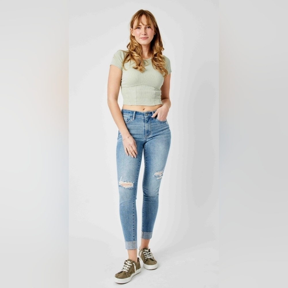 Judy Blue Mid Rise Medium Wash Cuffed Raw Hem Skinny Jeans Various NEW